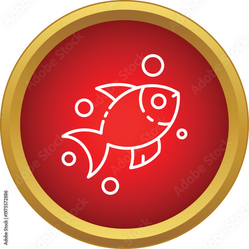 Fish outline with bubbles in a red circle button with a gold frame