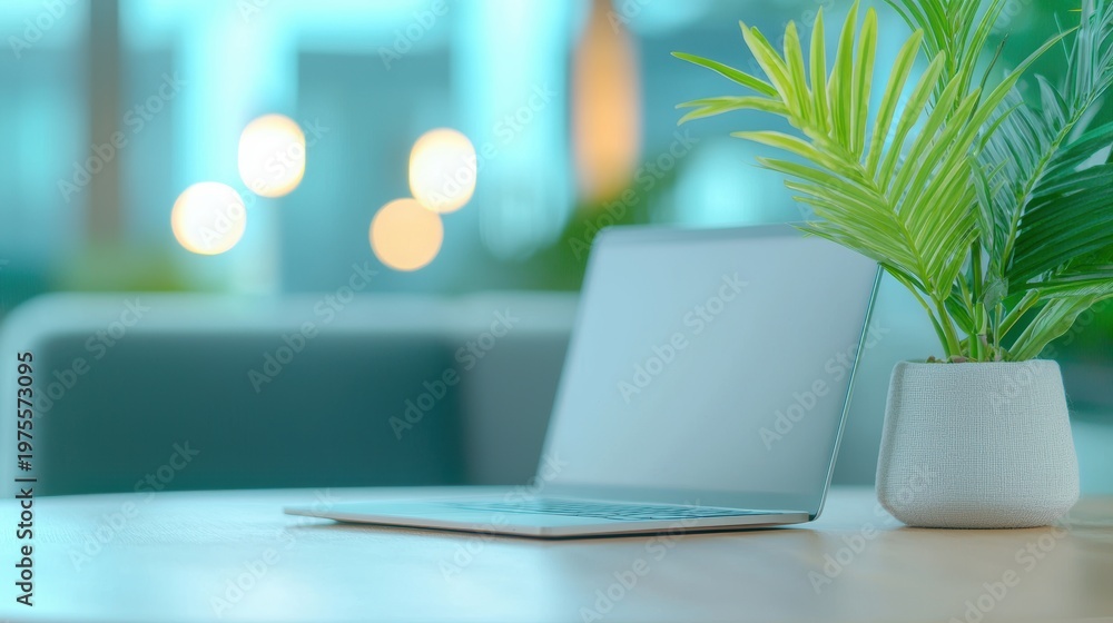 Fototapeta premium Summer insurance support for travelers with a laptop and brochures at an airport lounge.