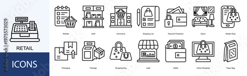  Packaging and retail  Icon Set Collection Pack Vector Illustration Concept. Containing Wishlist, shelf, Commerce, Shopping List, Payment Protection, Decor icon