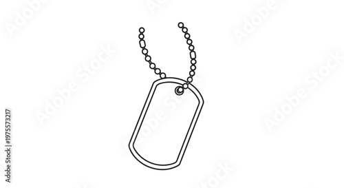 Simple black and white line drawing icon of a blank military identification dog tag hanging from a beaded chain.