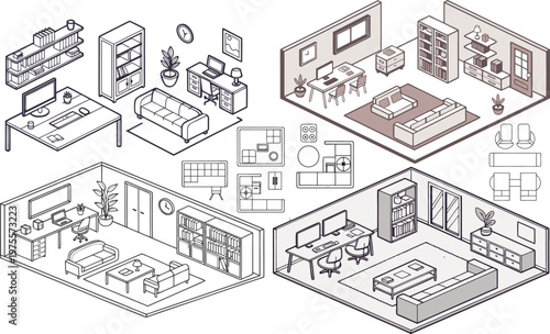 office and home furniture top view vector symbol set, workspace desks swivel chairs meeting tables plus living room sofa bed dining table wardrobe bookshelf cabinet plant, architectural CAD b