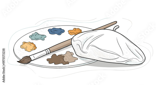 Classic wooden artist palette with colorful paint blotches and a paintbrush resting beside a white french beret hat.