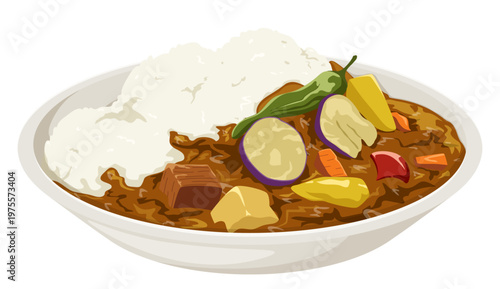 Japanese Vegetable Curry Rice Plate with Potato Eggplant and Carrot Isolated Anime Style Food Illustration