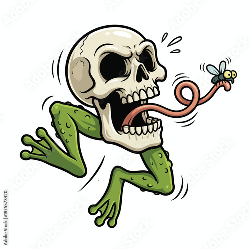 Cartoon skull with frog legs and tongue catching a fly