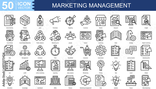 marketing management  Icon Set Collection Pack Vector Illustration Concept. Containing Brand Identity, Product, price, Promotion, Targeting, Customer, Market icon
