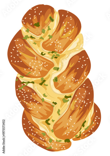 Braided Challah Garlic Bread with Sesame Seeds and Green Onion Garnish Modern Jewish Holiday Fusion Pastry Isolated