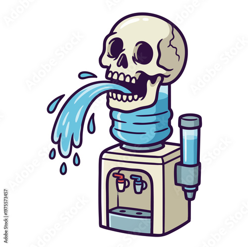 Cartoon skull water cooler with flowing water illustration