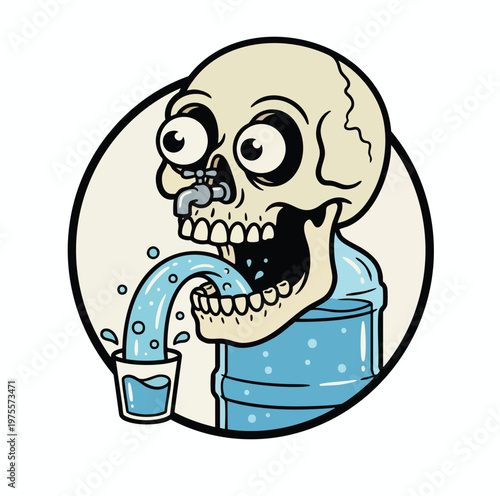 Cartoon skull with water cooler pouring water into glass