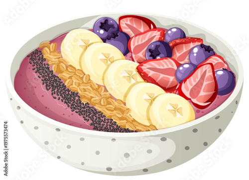 Healthy Acai Bowl with Chia Seeds Granola Banana Strawberries and Blueberries Toppings Brazilian Superfood Smoothie Bowl Isolated