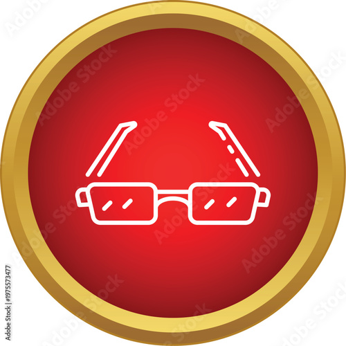 Reading glasses symbol on a round red button with a gold frame, representing vision