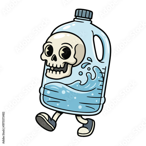 Cartoon water bottle with skull face walking playfully