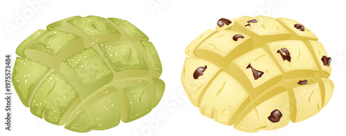 Hand Drawn Japanese Melon Pan Bread Set Featuring Green Matcha Flavor and Vanilla Chocolate Chip Cookie Crust Isolated