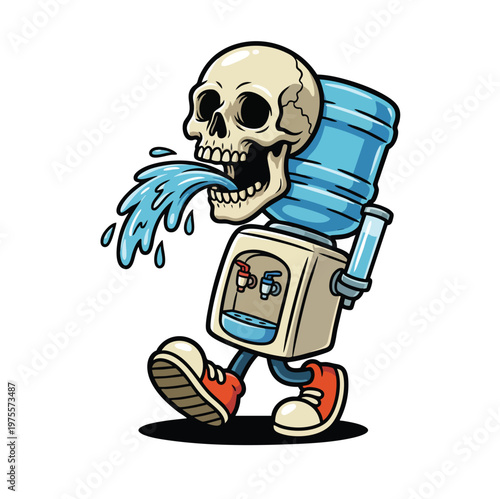 Cartoon water cooler with skull head spouting water