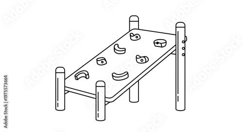 Simple line drawing of an outdoor playground climbing wall with different shaped holds for children to play and exercise.