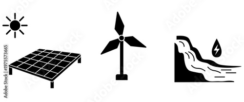 太陽光・風力・水力発電のモノクロアイコンセット　再生可能エネルギー