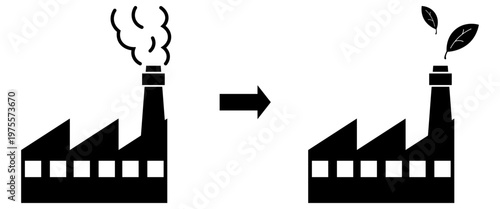工場の脱炭素化・排煙削減のモノクロアイコン　エコ・環境改善イメージ