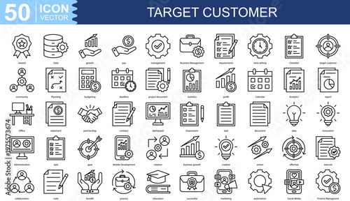 target customer Icon Set Collection Pack Vector Illustration Concept. Containing reward, Data, growth, pay, management, , requirements, time setting, Checklist icon