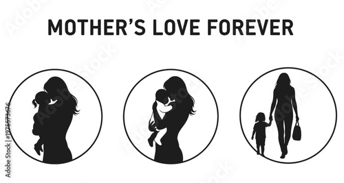 Mother and child silhouettes in circles representing love and connection