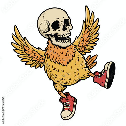 Cartoon skull-headed chicken with wings and red sneakers
