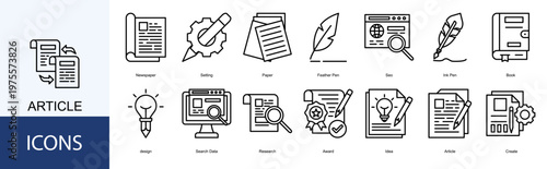 article  Icon Set Collection Pack Vector Illustration Concept. Containing Newspaper, Setting, Paper, Feather Pen, Seo icon