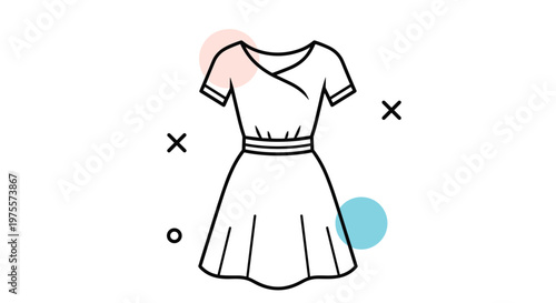 Simple black and white line drawing icon of a short sleeved summer dress with a V-neckline and flared skirt on white background.