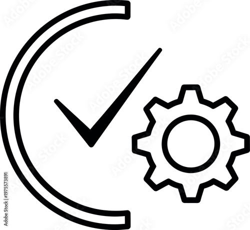 Checkmark inside a partial circle with a gear icon symbolizes successful process.