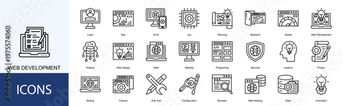 web development  Icon Set Collection Pack Vector Illustration Concept. Containing Login, Seo, Error, cpu, Planning icon