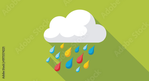 Simple flat design icon of a white fluffy cloud with colorful raindrops falling against a green background with long shadow.