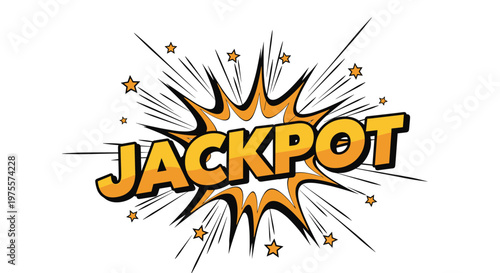 Vibrant comic book style jackpot explosion text with bright yellow letters and orange stars on a white background.