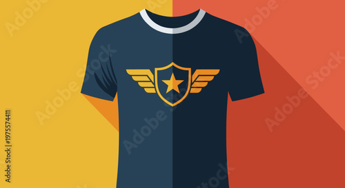 Dark blue t shirt template featuring a yellow shield icon with a star and wings, displayed against a split yellow and orange background.
