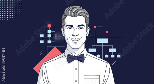 Professional young man wearing a white shirt and bow tie standing in front of abstract organization charts and geometric shapes.