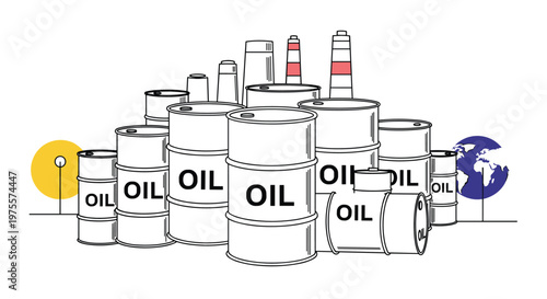 Numerous oil barrels labeled with oil text stacked together with industrial towers and a globe in the background, outline style illustration.