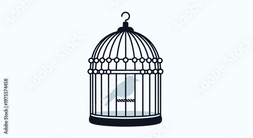 Dark silhouette of a bird sitting on a perch inside a classic round wire cage, isolated against a light blue background in flat design.