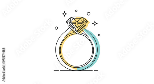 Elegant engagement ring with a large sparkling diamond in a gold setting, stylized line art with colorful accents on white background.
