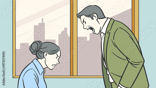 Vector illustration of supervisor giving instructions to employee. Workplace communication, leadership guidance, corporate meeting, job performance discussion, and teamwork concept.