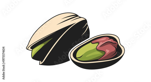 Two salted pistachio nuts with cracked shells revealing green kernels and purple skin, hand drawn illustration with rich colors and shadows.