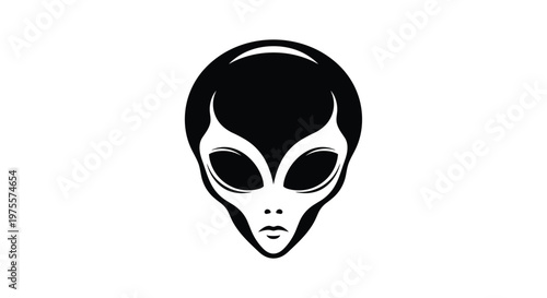 Classic grey alien head silhouette with large dark almond eyes, black and white minimalist design representing extraterrestrial life.