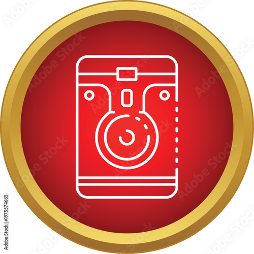 White outline camera icon centered on a red and gold circular button