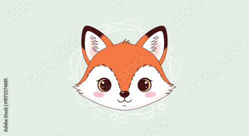 Cute fox face illustration with big eyes and orange fur, centered on a light green background with abstract white circular lines.