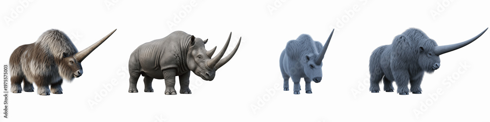 Obraz premium Collection of prehistoric woolly rhinoceros and modern rhino isolated