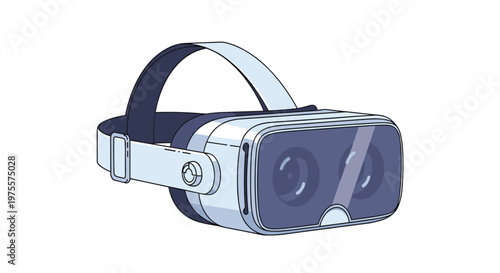 Modern virtual reality headset with a strap and lenses, depicted in a clean blue and white stylized illustration on a plain background.