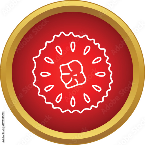 Outline icon representing a circular fruit slice with seeds on a red background