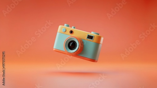 A colorful camera floats in mid-air against a vibrant orange background