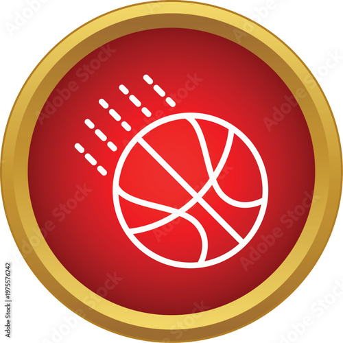 Basketball outline moving quickly within a round red and gold badge