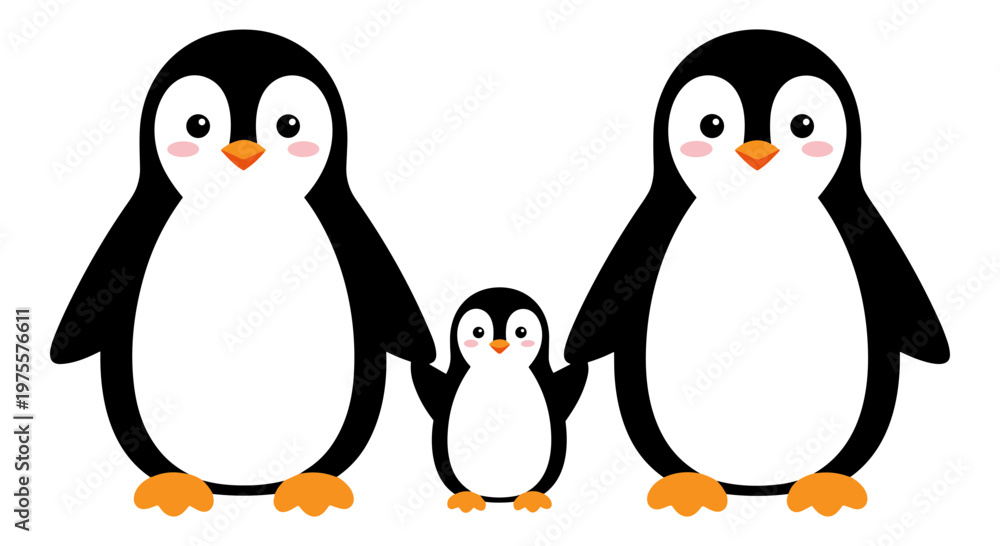 Obraz premium Cute penguin family vector illustration, happy penguin parents with baby chick, cartoon arctic bird characters for nursery decor and greeting cards