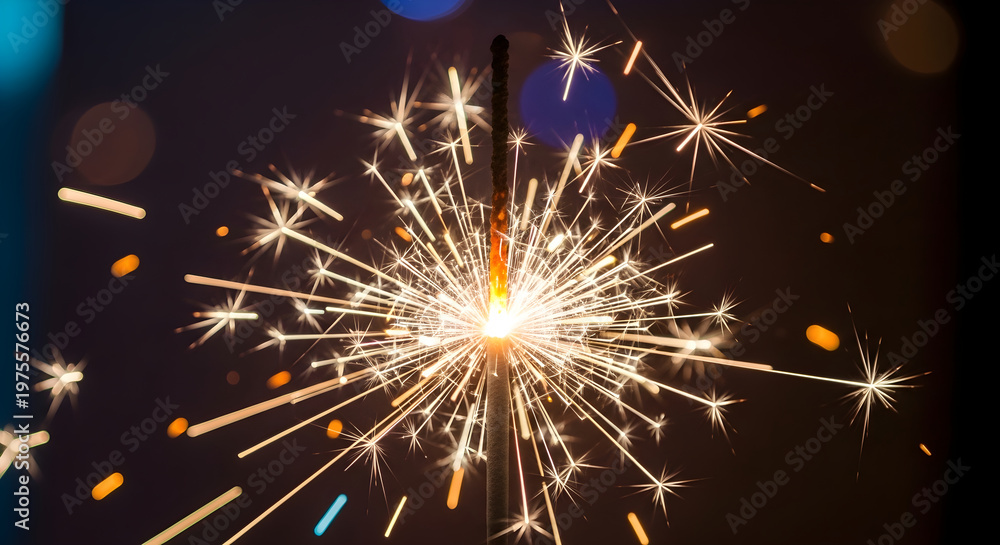 Fototapeta premium A sparkler explodes in a dark night with yellow sparks flying everywhere