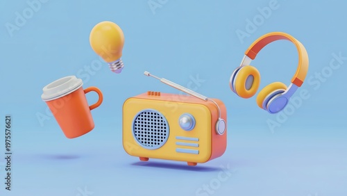 A colorful 3D illustration of a radio, headphones, coffee cup, and light bulb floating in mid-air