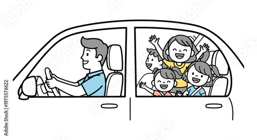 Happy family car trip illustration, father driving vehicle with excited children in back seat, cartoon road trip adventure vector