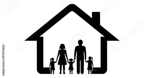 Family silhouette inside house icon, black and white home insurance concept, parents with three children in residential building vector