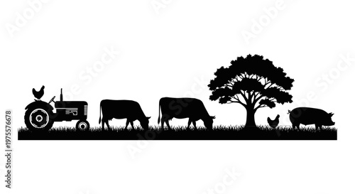 Rustic farm landscape silhouette, black tractor and grazing livestock on white background, rural agriculture scene with cows and pig vector